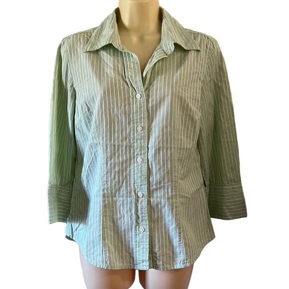 Talbots Green & White Striped Blouse Woman Size Small Button Up 3/4 Sleeves - Picture 1 of 8
